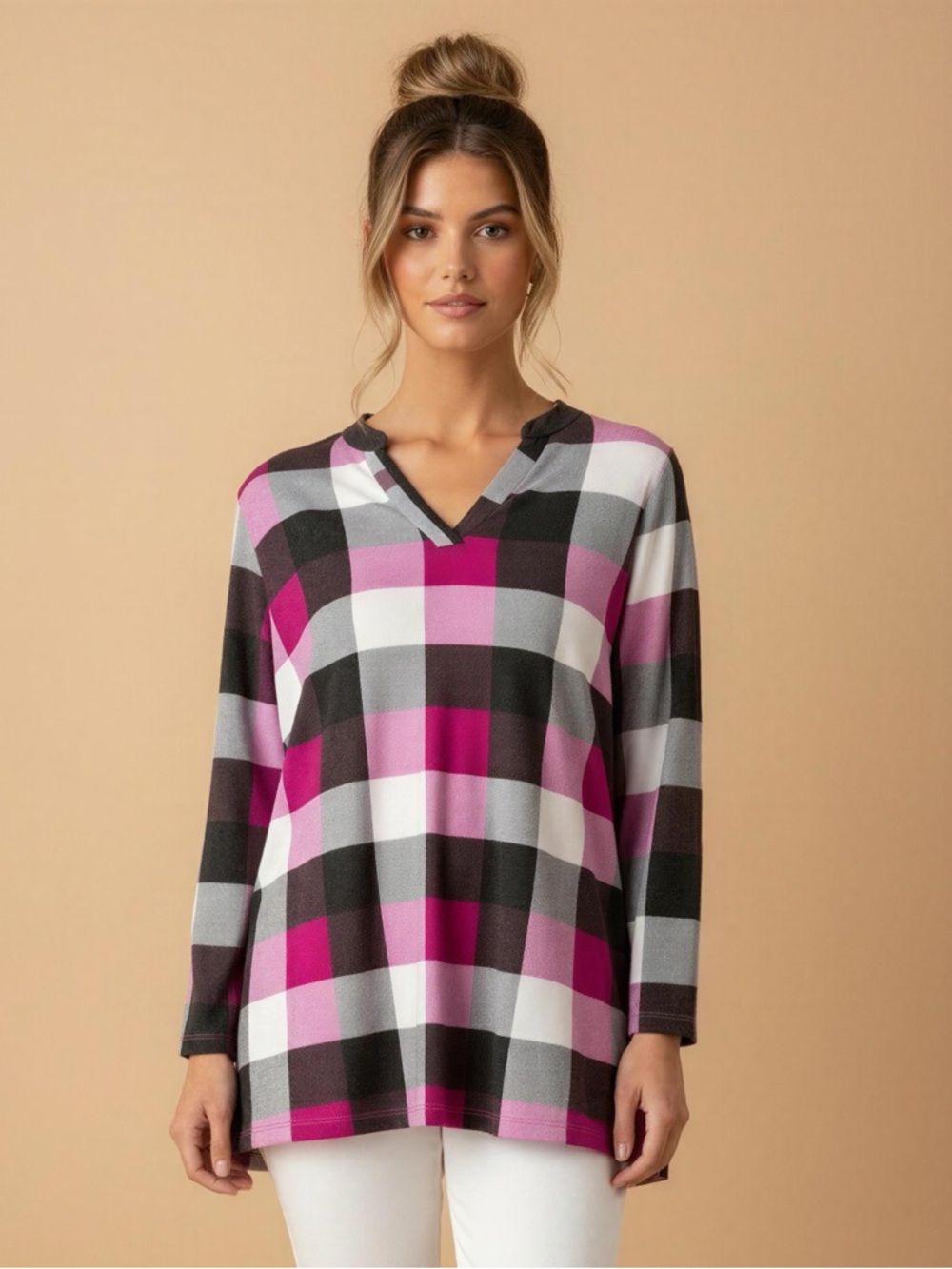 Dokotoo V-Neck Plaid Tunic Top with Adjustable Sleeves Size M